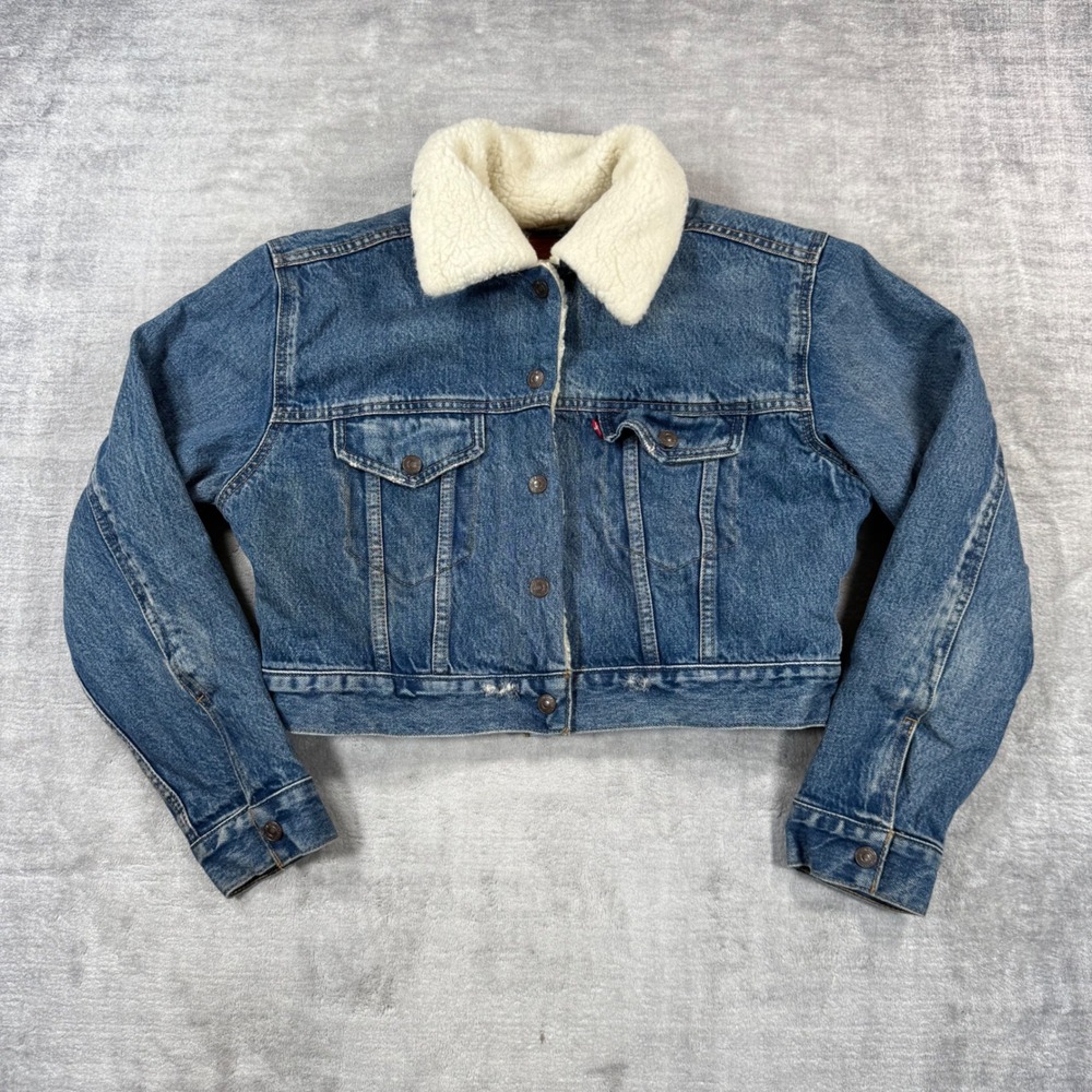 Levis Premium Jacket Womens Medium Blue Cropped Sherpa Lined Denim Trucker